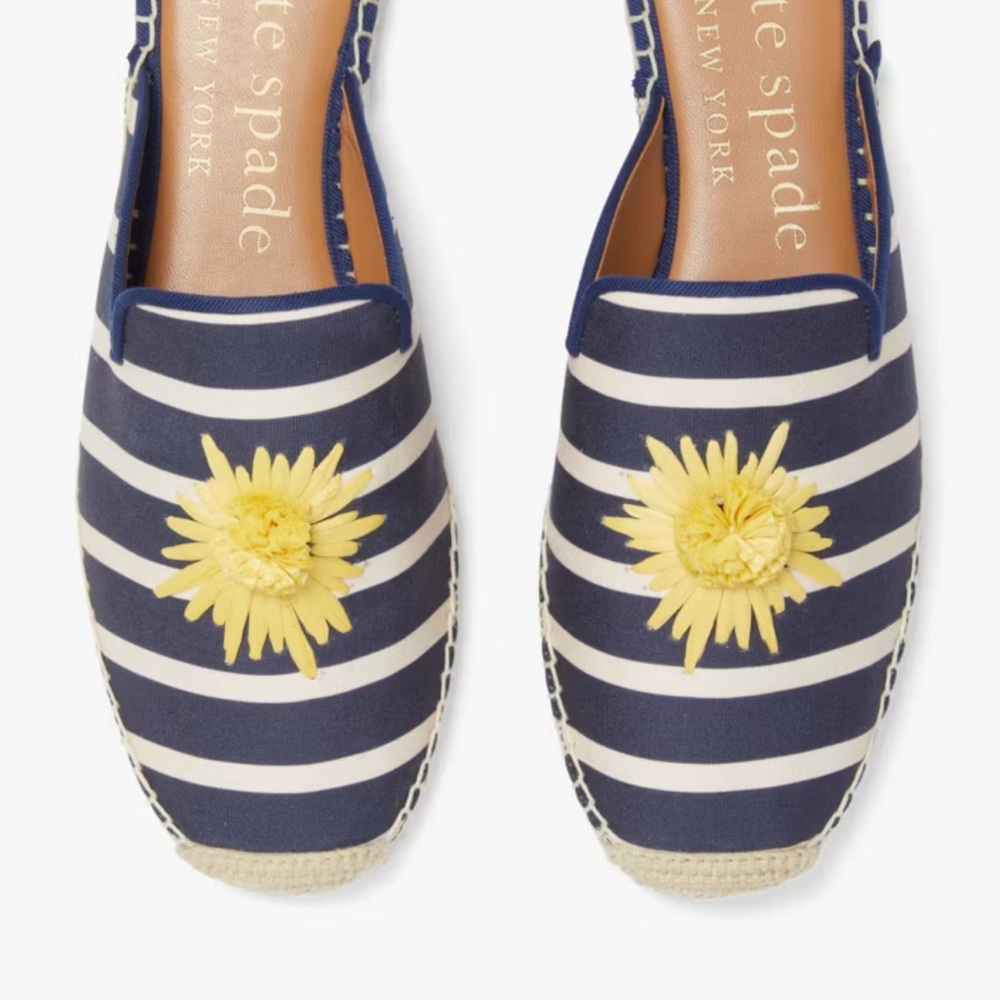 kate Spade New York Navy & White Striped Espadrilles with Yellow Flower Accent